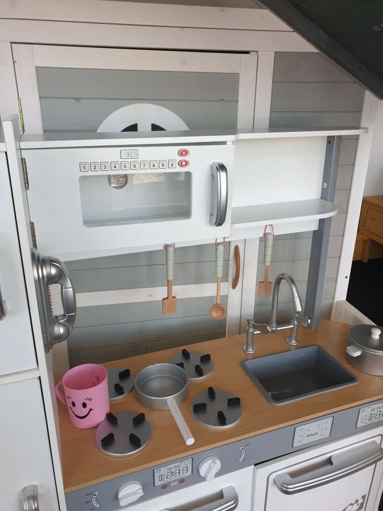 Indoor Large White Wooden Kitchen with Fridge