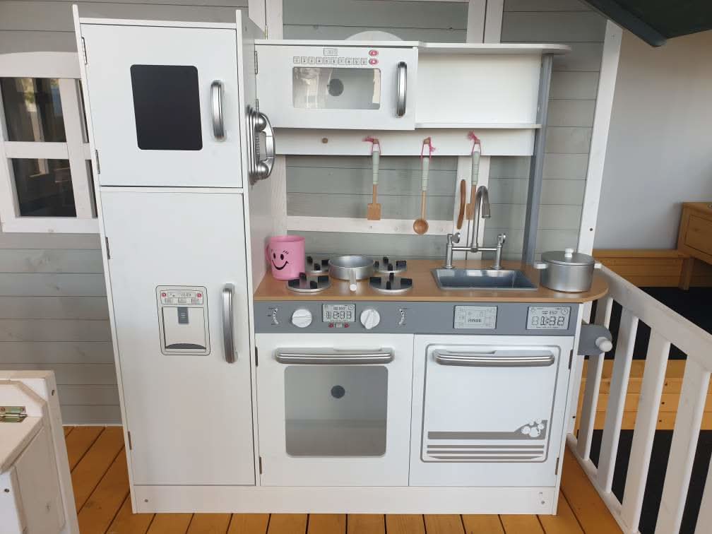 Indoor Large White Wooden Kitchen with Fridge