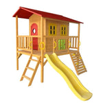 Cubby house with Red Roof Yellow slide and gree naughts and corsses game
