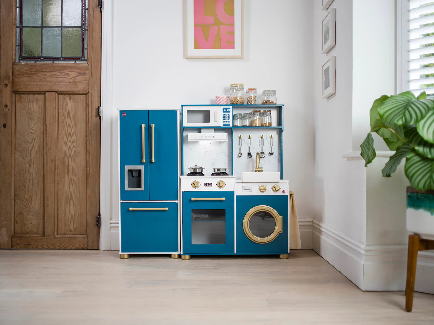 Plum® Bakehouse Traditional Wooden Kitchen with Fridge - Oxford Blue