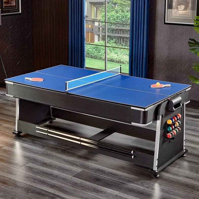 ActiveGo AirShot 4-IN-1 Velvet Cloth Pool Table and Air Hockey Table with Table Tennis and Desktop, Ball and Air Puck Return System and Easy-Flip Design, Full Air Hockey, Billiards Balls and Cues and Table Tennis Bats and Balls Included