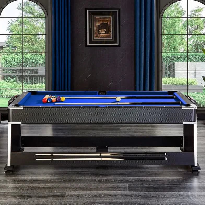ActiveGo AirShot 4-IN-1 Velvet Cloth Pool Table and Air Hockey Table with Table Tennis and Desktop, Ball and Air Puck Return System and Easy-Flip Design, Full Air Hockey, Billiards Balls and Cues and Table Tennis Bats and Balls Included