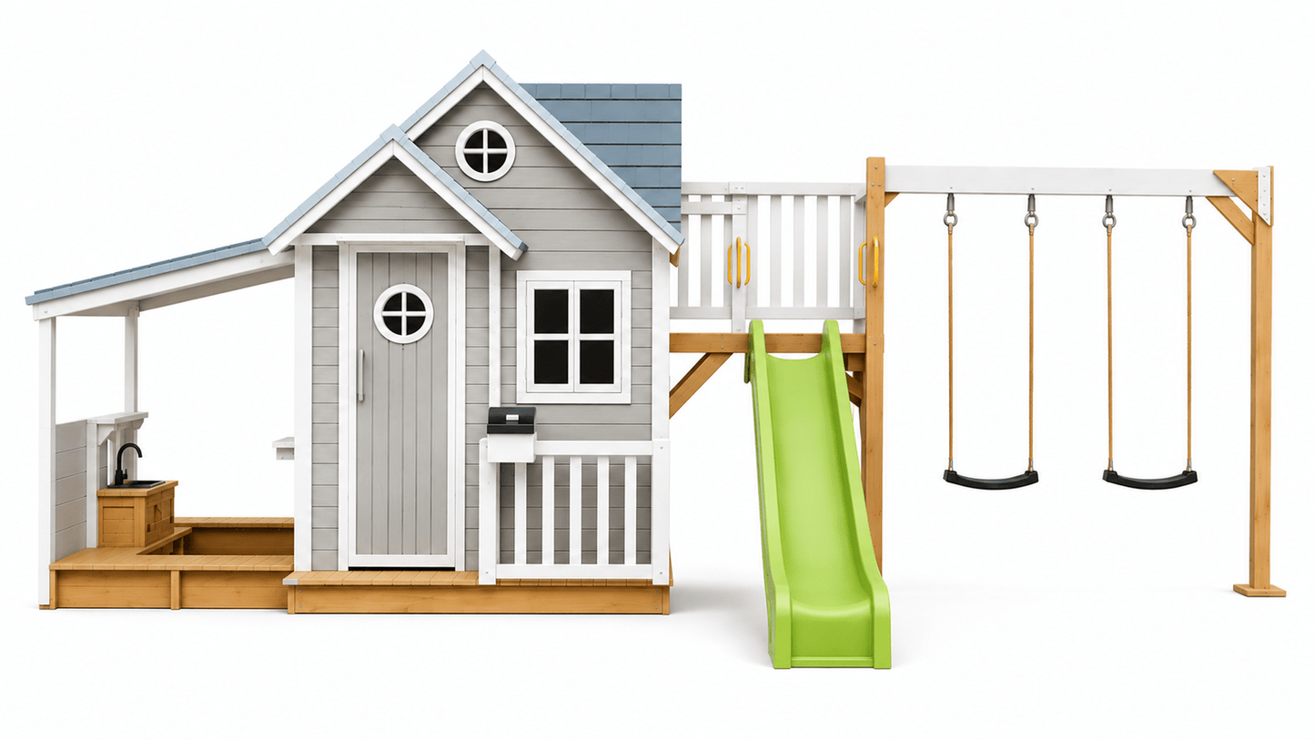 Jolly Shack Cubby House with Mud Kitchen & Swing Set