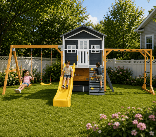 Caboodle Shack with Mud Kitchen, Monkey Bars & Swing Set