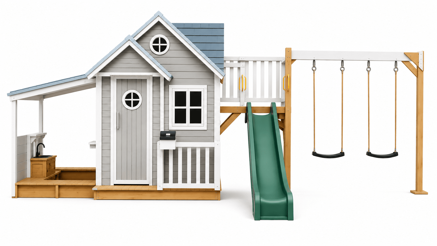 Jolly Shack Cubby House with Mud Kitchen & Swing Set