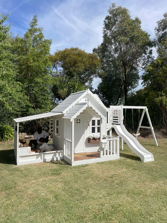 PREORDER Jolly Shack Cubby House with Mud Kitchen & Swing Set