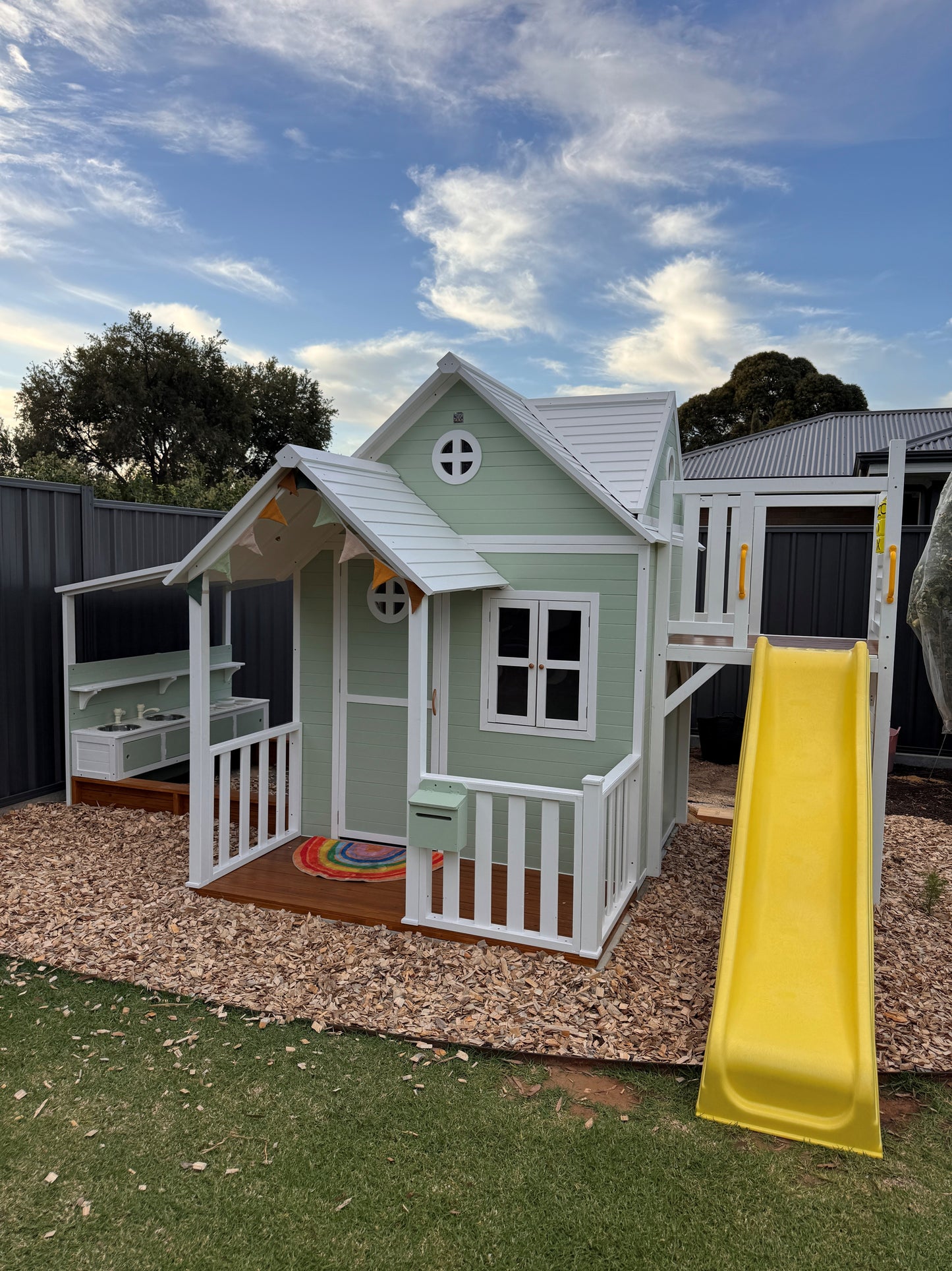PREORDER Jolly Shack Cubby House with Mud Kitchen & Swing Set