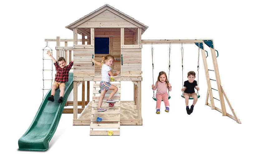Kingston Cubby House, Monkey Bars & Swing Set with 2.2m Slide (All Colour Variants)
