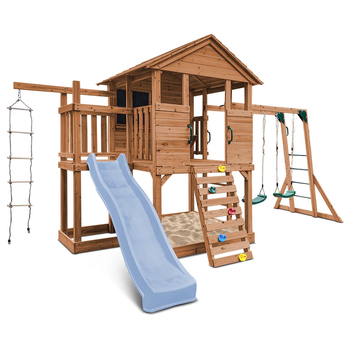 Kingston Cubby House, Monkey Bars & Swing Set with 2.2m Slide (All Colour Variants)