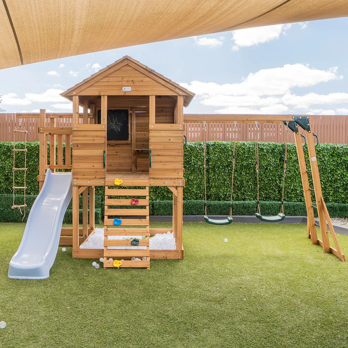 Kingston Cubby House, Monkey Bars & Swing Set with 2.2m Slide (All Colour Variants)