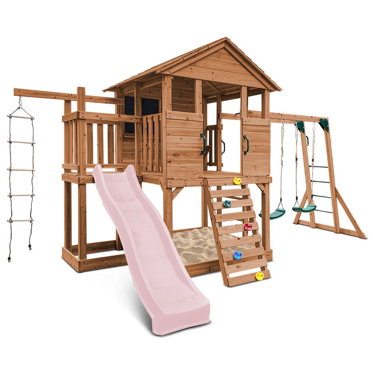 Kingston Cubby House, Monkey Bars & Swing Set with 2.2m Slide (All Colour Variants)