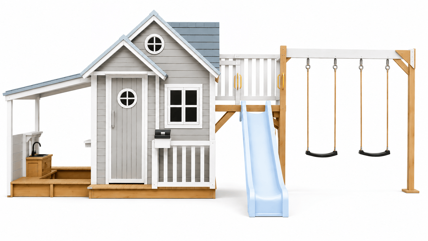 Jolly Shack Cubby House with Mud Kitchen & Swing Set