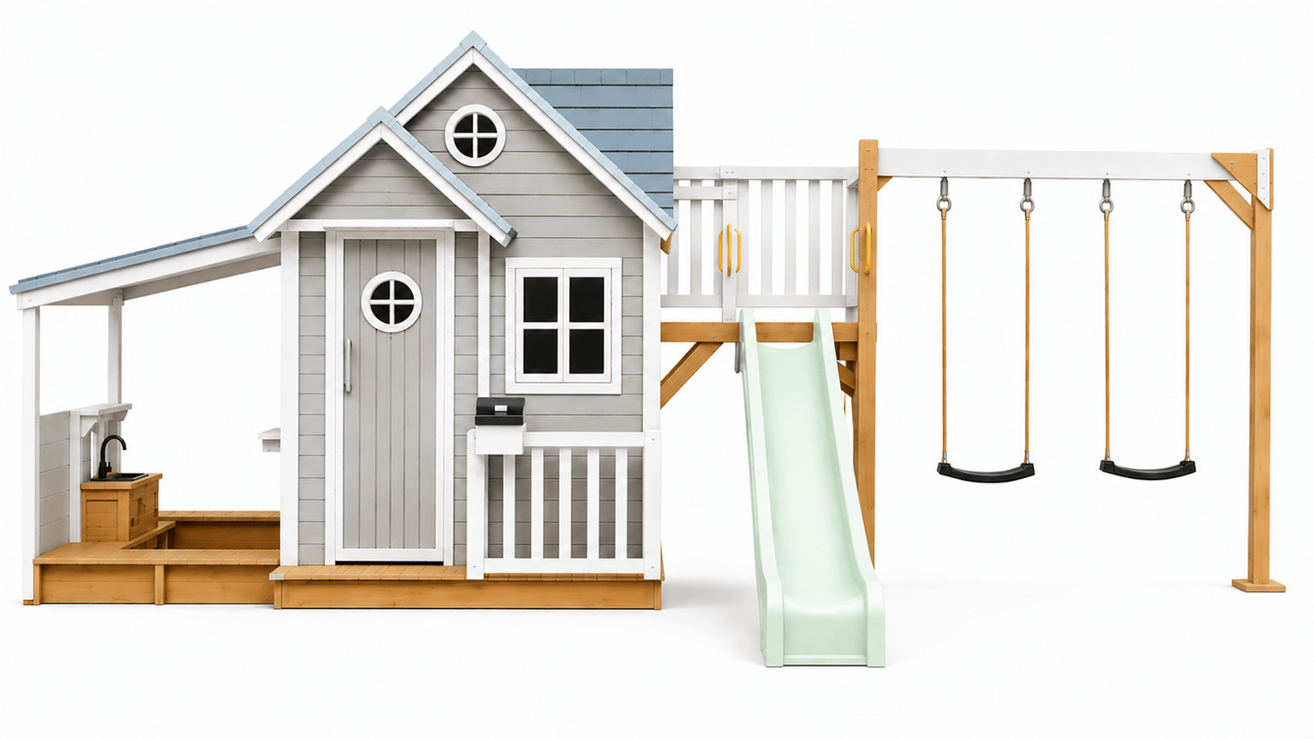 Jolly Shack Cubby House with Mud Kitchen & Swing Set
