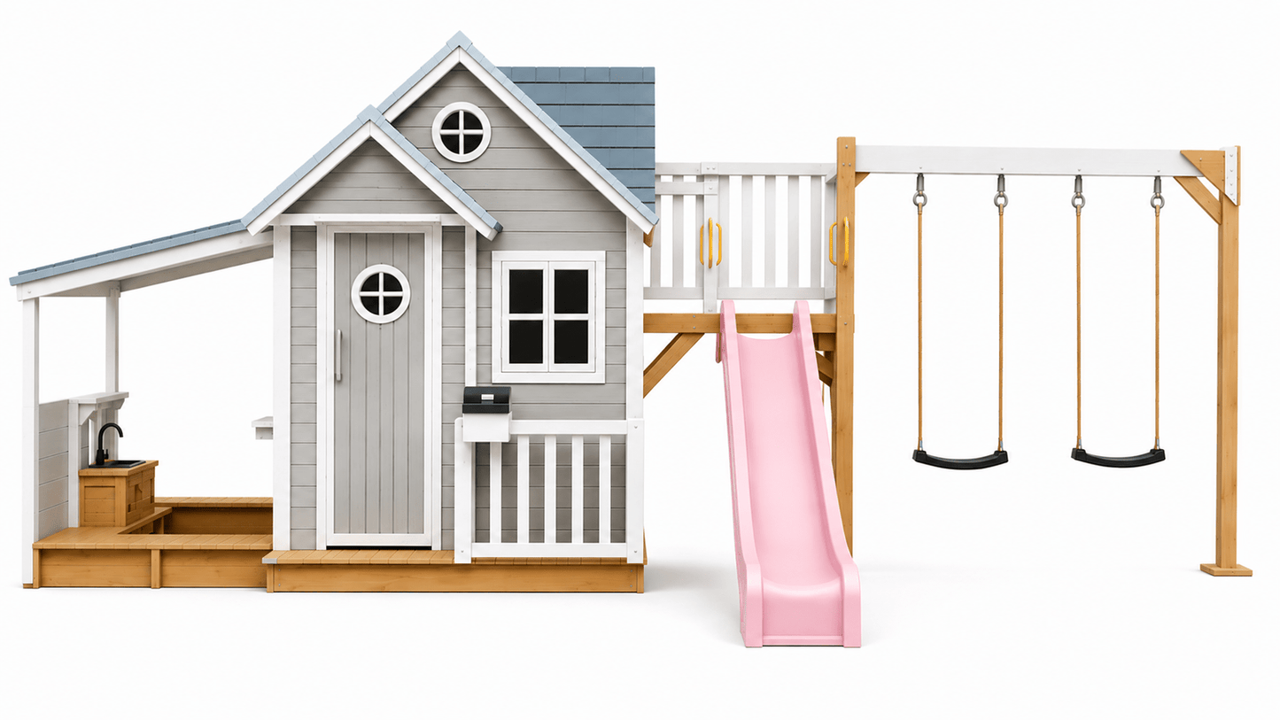 Jolly Shack Cubby House with Mud Kitchen & Swing Set
