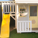 Cubby House Fort with Yellow Slide and Hanging Basket