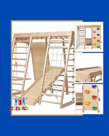 Indoor Climbing Play Gym with Slide & Swing  - VARNISHED WOOD